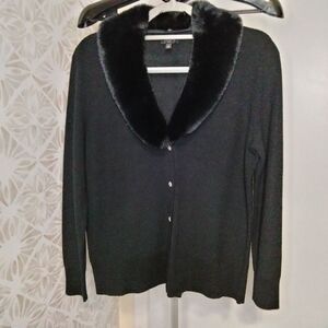Talbots Black Cardigan Sweater with Faux Fur Collar